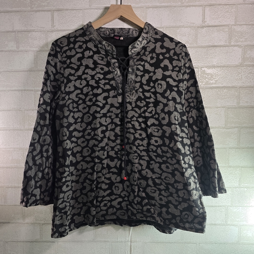 Leopard Print Black Gray Boho Linen Wide Sleeve Blouse Lagen Look Size S